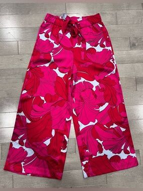 Joie Pink Red Floral Wide Leg Pull On Pants Drawstring Boho Resort Size XS